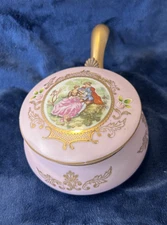 ISCO Porcelain Silent Butler Trinket Box Pink Courting Couple Handpainted Vtg