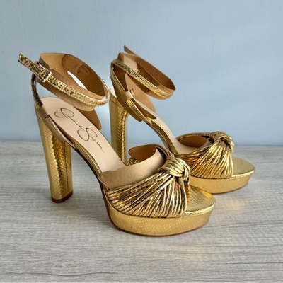 #ad #ad Jessica Simpson Women’s Immie Gold Metallic Embossed Platform Dress Sandals 8.5 $45.49