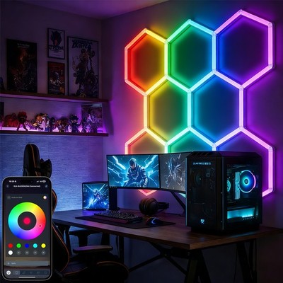 Hexagon 8 Grid Remote RGB LED Ceiling Light DIY Shaped Detail Lights for Gaming