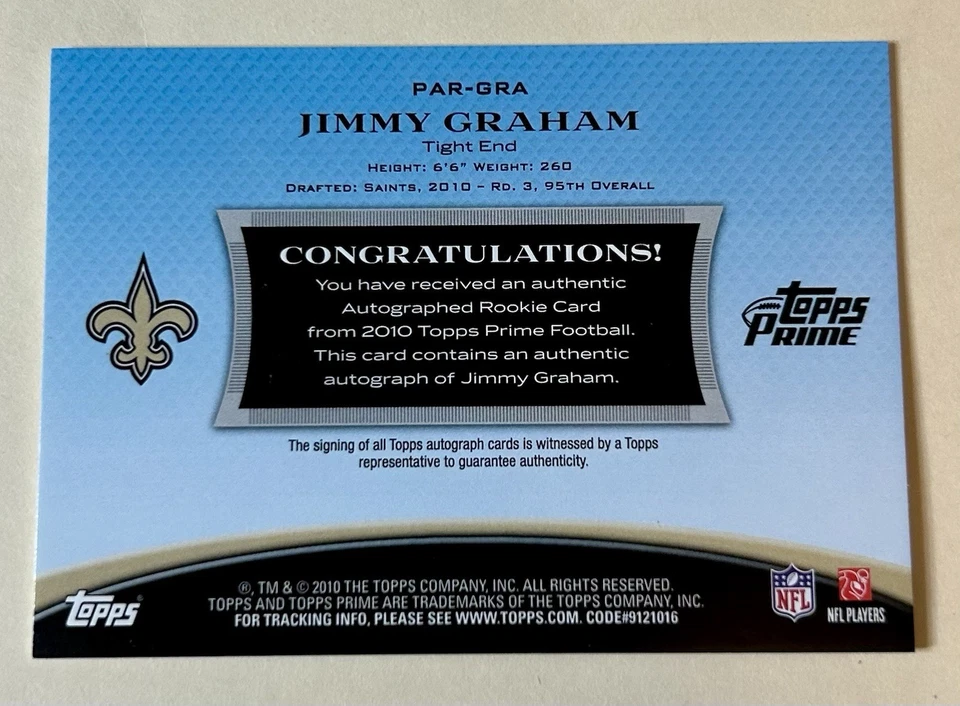 2010 Topps Prime Jimmy Graham Rookie Auto RC Rookie #/149 Saints - Image 2 of 2