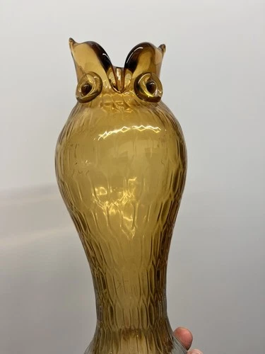 Vintage Large Green Hand Blown Art Glass Blenko? MCM Owl Vase Honeycomb Pattern