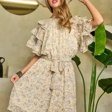 Davi & Dani Floral Ruffled Sleeve Mini Dress Cream