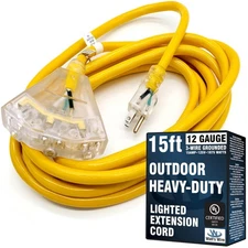 15ft Outdoor Extension Cord 12 Gauge Heavy Duty Lighted 3 Outlet Splitter