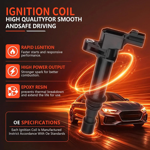 Black UF270 ignition coil with red and white label showing flame symbol, electric spark, and text “High Quality for Smooth And Safe Driving.”