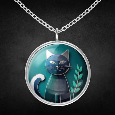 Katzen Halskette Mit Anhänger Silber Edelstahl Kette Damen Türkis Blau Geschenk - Bild 1 von 4