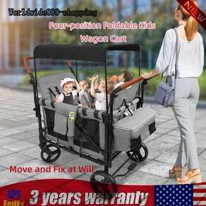 Folding Baby Stroller Wagon Cart For 4 Kids, Face To Face High Seat With Canopy