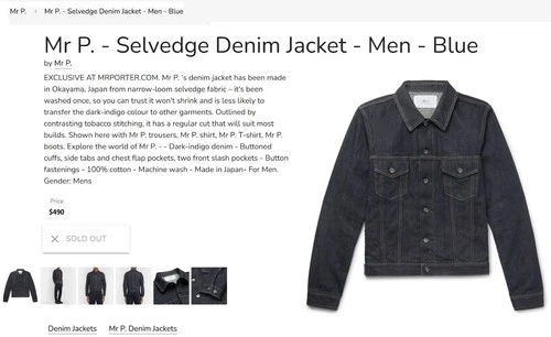 MR PORTER ( MR P. ) EXQUISITE UPSCALE LUXURY SELVEDGE DENIM JACKET - NEW NO TAGS - product listing photo