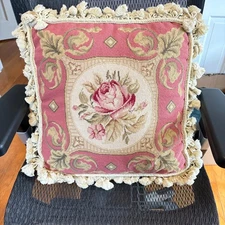 Vintage Floral English Rose Floral Beige Wool Needlepoint Pillow 17" Zipper READ