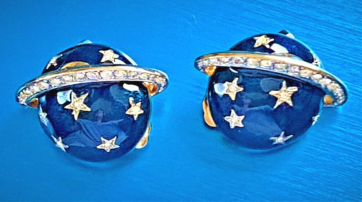 FABULOUS BUTLER WILSON ENAMEL PAVE CRYSTALS SATURN GOLD PLATE CLIP EARRINGS