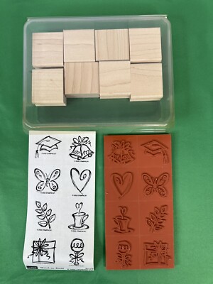 Stampin Up SKETCH AN EVENT Set of 8 Rubber Wood Stamps Wedding Bells-Baby-Coffee