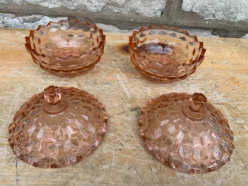 4 Piece Fostoria American OR Pink Depression Hammered Glass Candy Dish With Lid