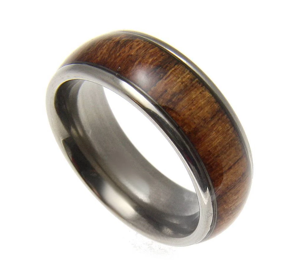 ANILLO BANDA MADERA KOA HAWAIANO CON INCRUSTACIÓN GENUINA TITANIO AJUSTE CÓMODO ESTILO CÚPULA 8 MM Foto 3 de 4