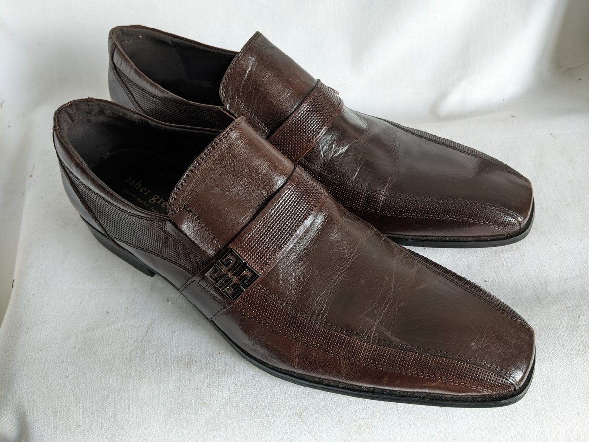 ASHER GREEN MEN 10.5 BROWN LEATHER SLIP-ON BUCKLE DRESS SHOE 