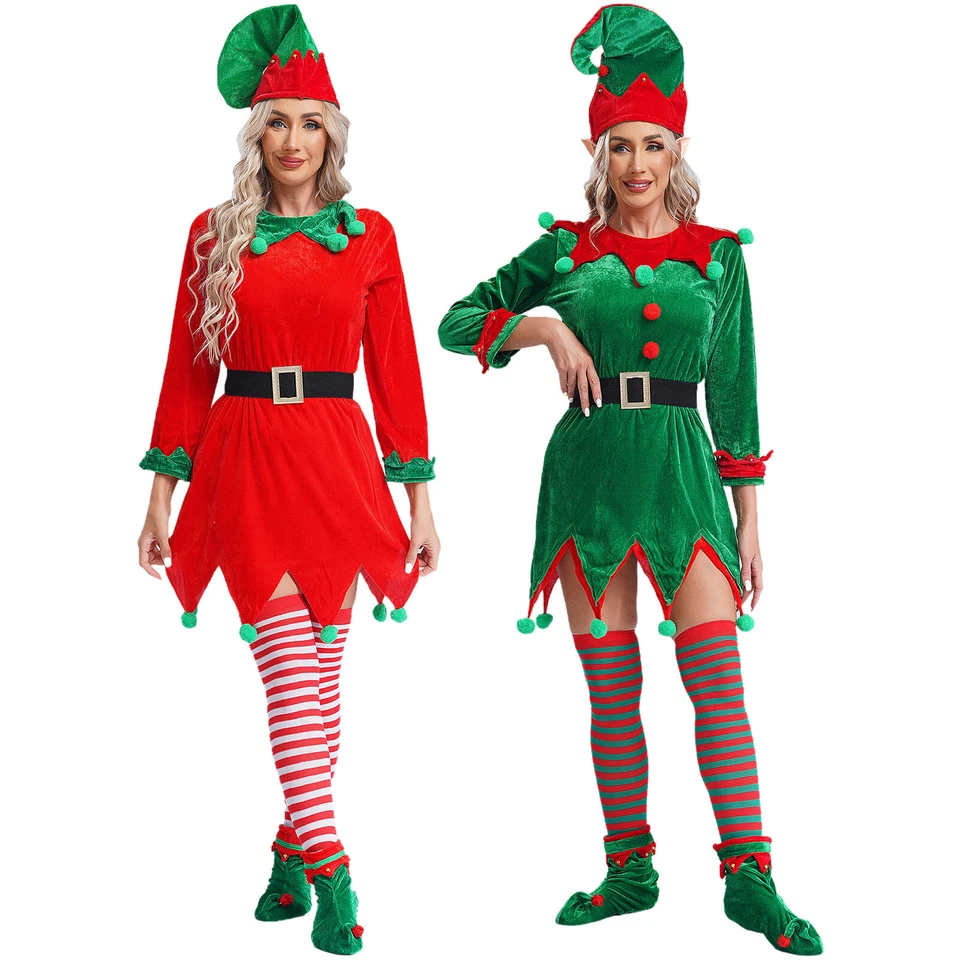 Women Costume Elf Role Play Outfits Christmas Elf Ears Bells Dress Cosplay Party - Image 4 of 4