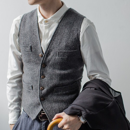 Mens Wool Blend Tweed V Neck Single 