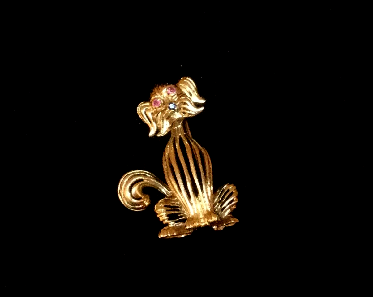 Vintage Estate 14k Yellow Gold Ruby Eyes Sapphire Dog Brooch Pin - Excellent