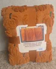 Costco Halloween Pumpkin Embroidered Faux Fur Throw Blanket Orange Rust 60x70