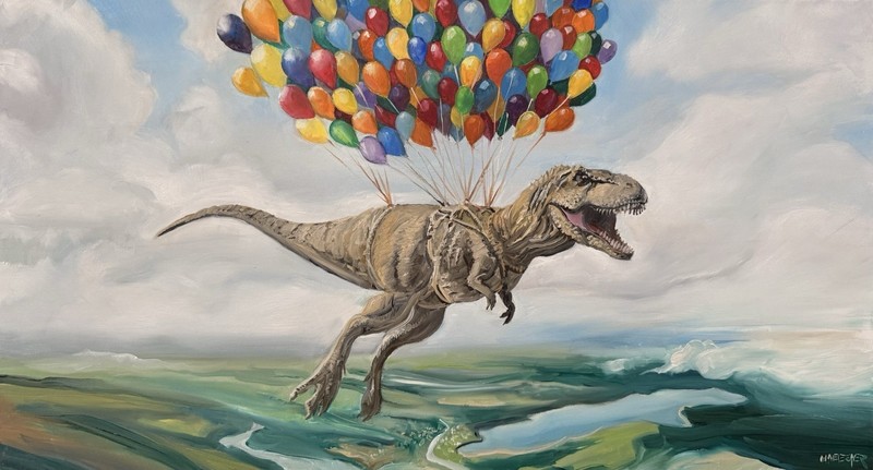 Trex Hanging From Ballons  Original Oil Painting