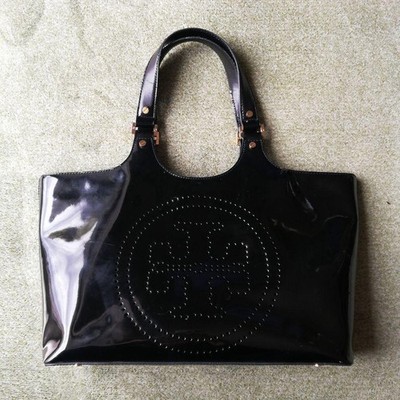TORY BURCH Patent Logo Handtasche Shopper Damen Schwarz Gold Echtleder