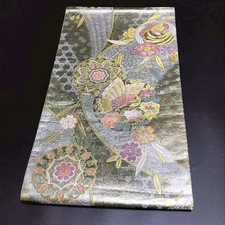 6797 Japanese Vintage Fukuro Obi Belt Kimono Fabric Silk Traditional Silver