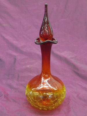 Vintage BLENKO Amberina crackle art glass blown decanter bottle w/ stopper 13''