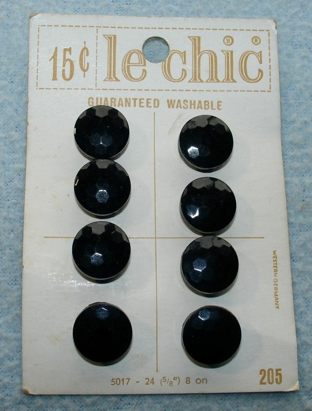 8 Vintage FACETED Jet BLACK Glass BUTTONS on original le chic CARD  Self Shank