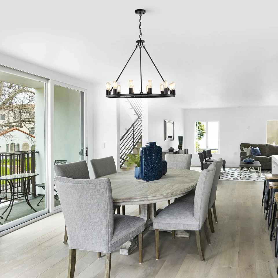 Lámpara de araña redonda de rueda de vagón de 35 pulgadas Liam 12 luces Foto 3 de 4