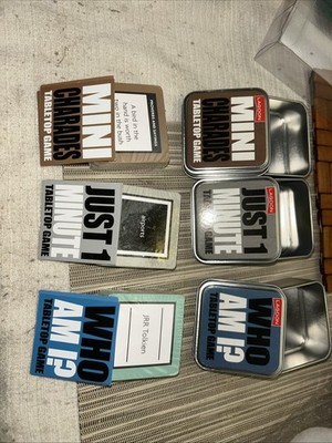 3 X Tin Tabletop Games Travel Size Small MINI CHARMS, JUST 1 MINUTE & WHO AM I.