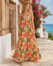 Show Me Your Mumu Tropical Fruit Floral Maxi Dress Open Back Halter Medium