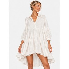 Maple Leaves White Tiered Babydoll Shirt Dress Cover Up Balloon  OS
