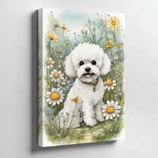 White Bichon Frise Dog Canvas Wall Art Floral Garden Decorative Print Home Decor