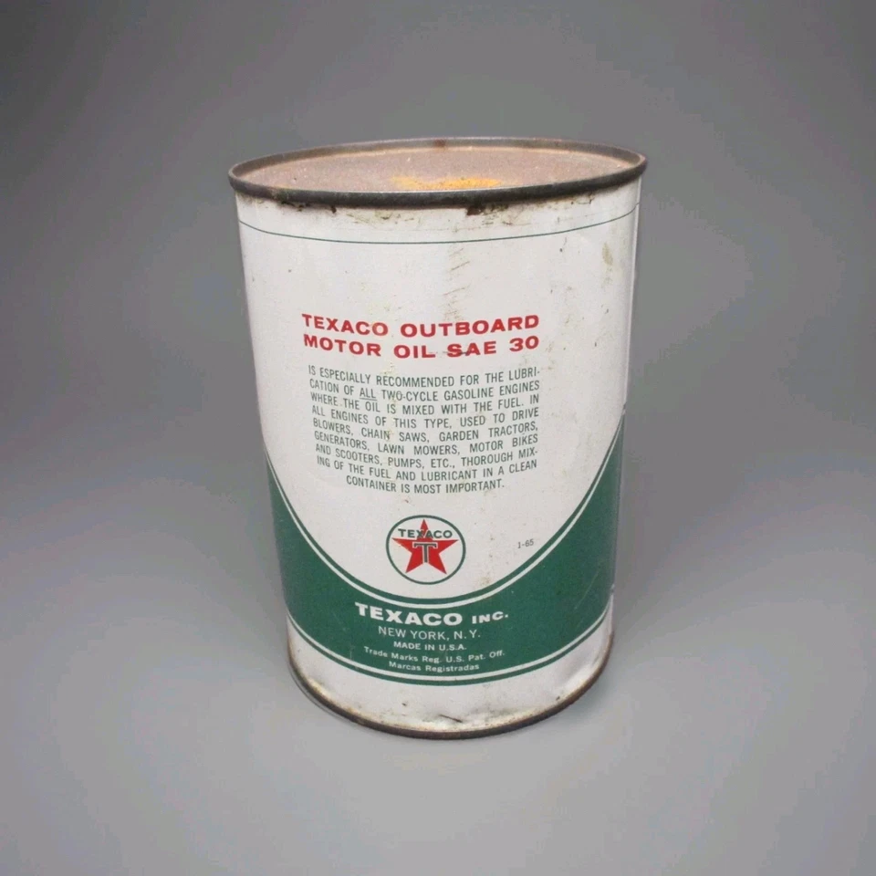 Aceite de motor fueraborda Texaco vintage SAE 30 / 1 cuarto completo de lata de metal / 1-65 Foto 2 de 4