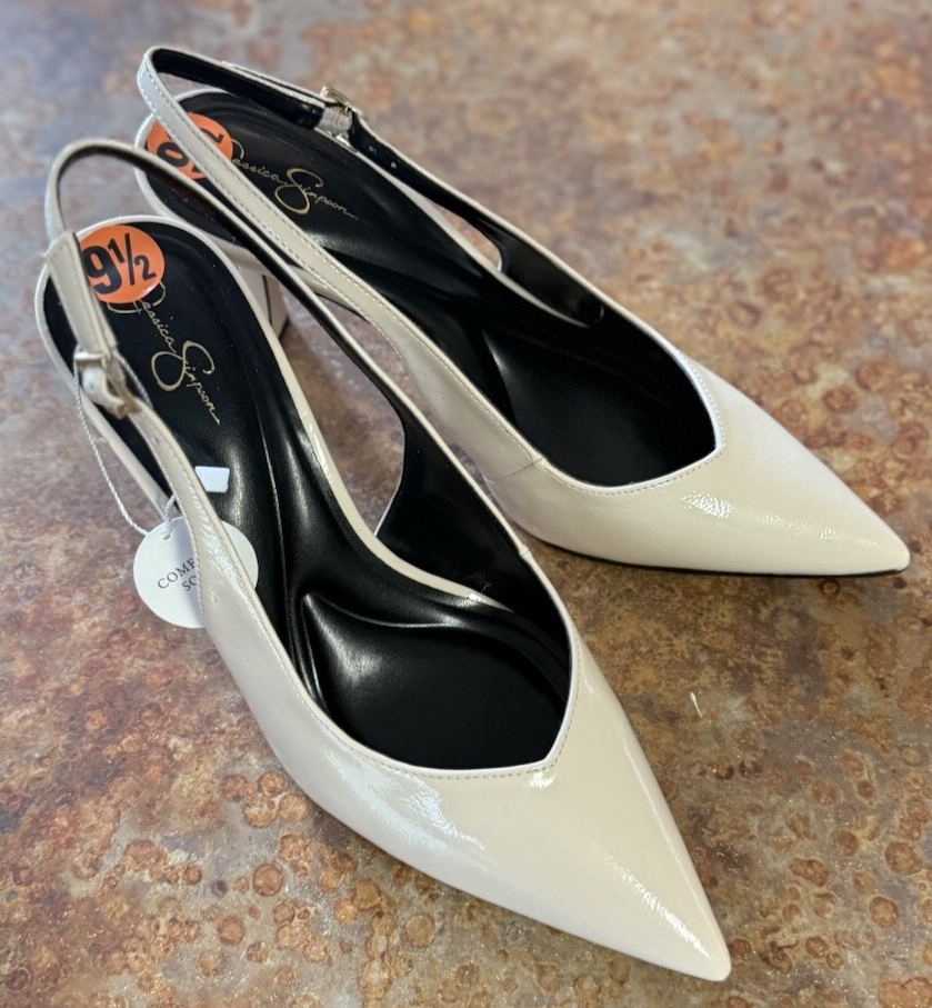 JESSICA SIMPSON JP-FOZELLE3 SLINGBACK HEELS CHALK CRINKLED PATENT