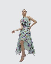 River Island Womens Midi Dress Green Floral Sleeveless Round Neck Zip Fastening