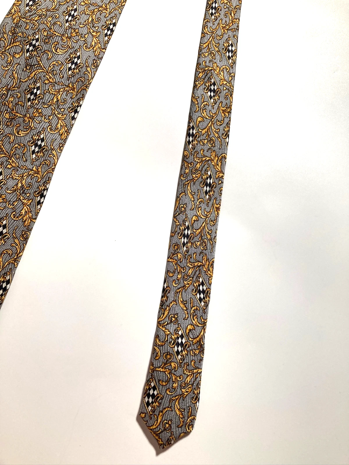 GIANNI VERSACE Vintage '90s Baroque Acanthus Tie Grids Art Nouveau Italy Gray - product detail image 13