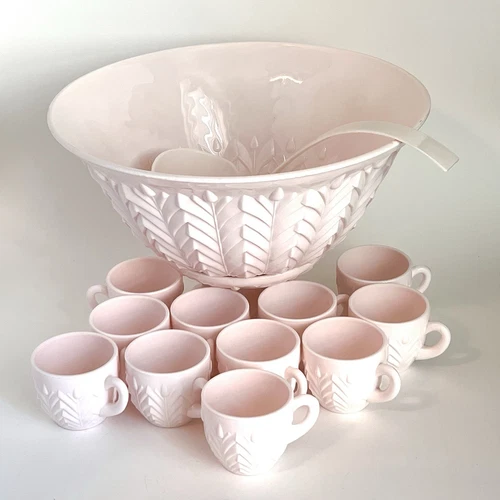 Jeanette Feather Pattern Shell Pink Milk Glass Punch Set Bowl Base 11 Cups Ladle