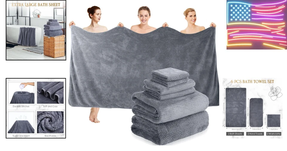 Негабаритный серый набор полотенец для ванны для взрослых — коллекция из микрофибры Quick Dry 6 шт. - Изображение 2 из 4