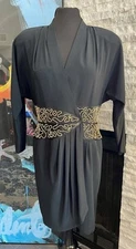 DayMor Couture Black Wrap Dress Gold Embellished Beading Size 14 Vintage 80’s
