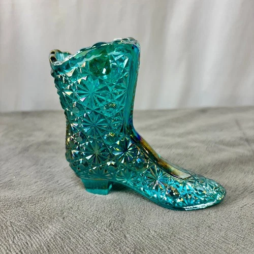 Fenton Carnival Art Glass Daisy & Button Boot Iridescent Blue Sticker Intact VTG