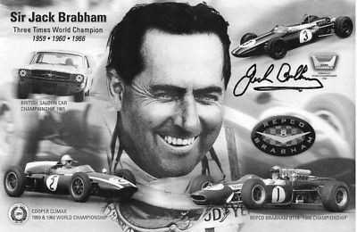 SIR JACK BRABHAM signierte 8x5 Fotokarte FORMEL 1 LEGEND Weltmeister COA