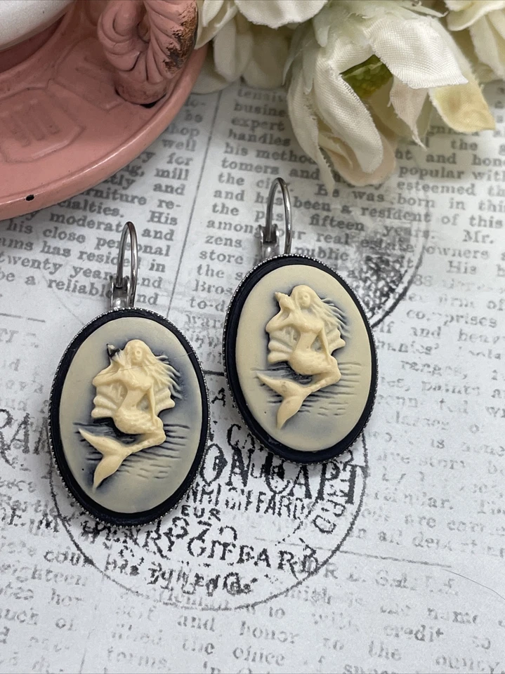 Brincos de prata preta sereia presente de casamento aniversário camafeu aniversário vida marinha - Imagem 3 de 4