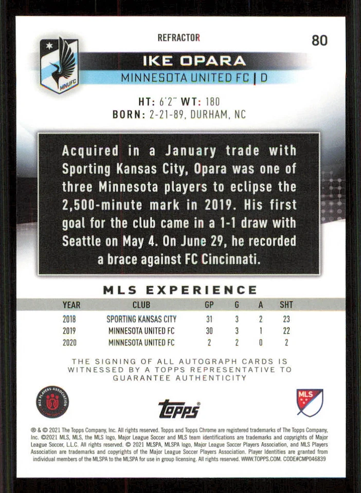 2021 Topps Chrome MLS AUTO #80 Ike Opara - Image 2 of 2