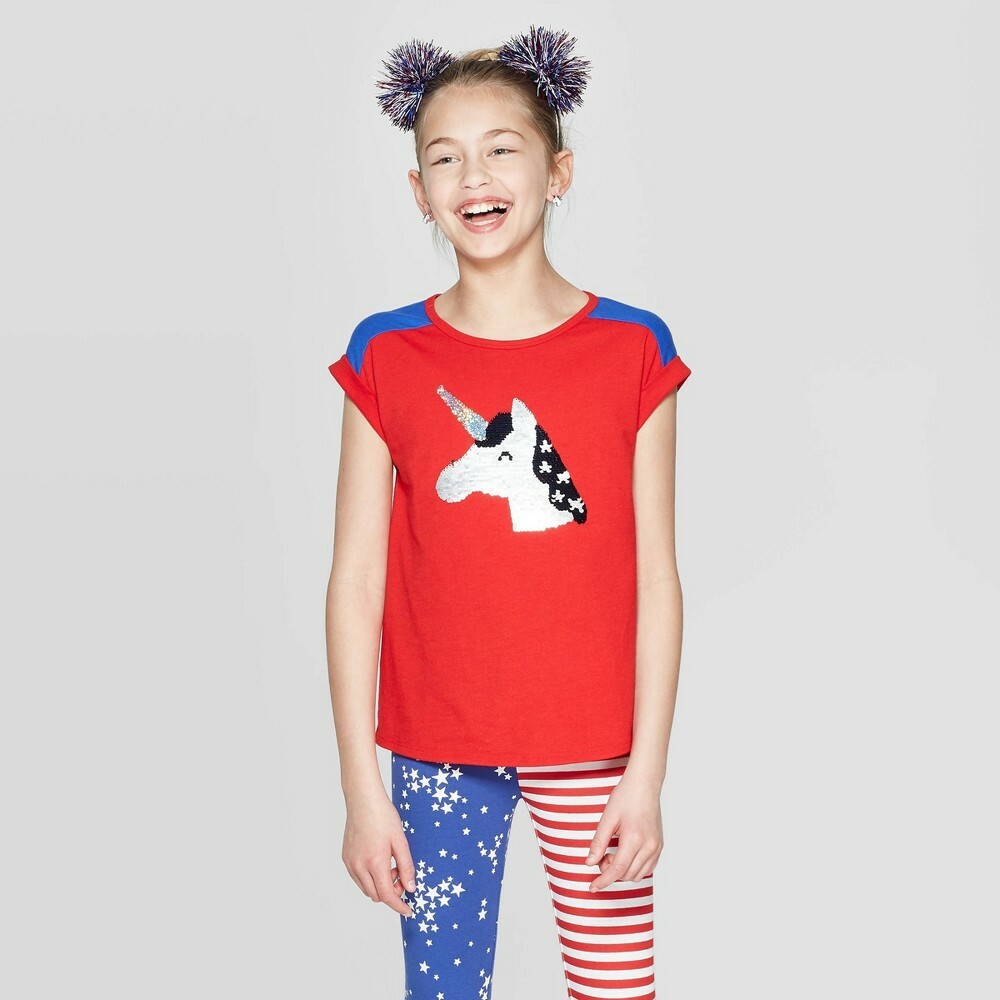 giri様 Girls' Short Sleeve Flip Sequin Wowzer Red Unicorn T-Shirt - Cat