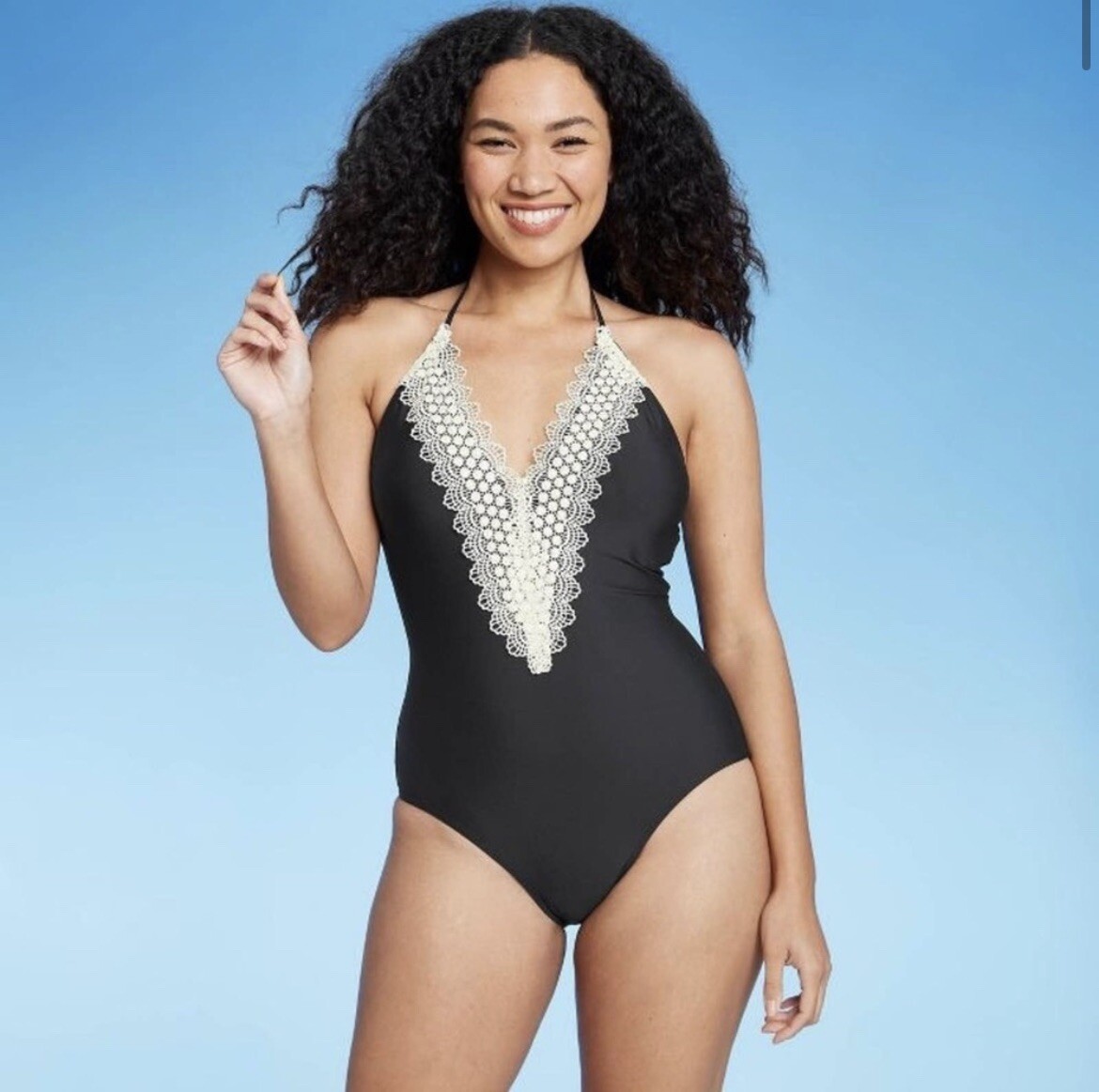 Women's Lace One Piece Swimsuit Sea Angel Solid Black Size L