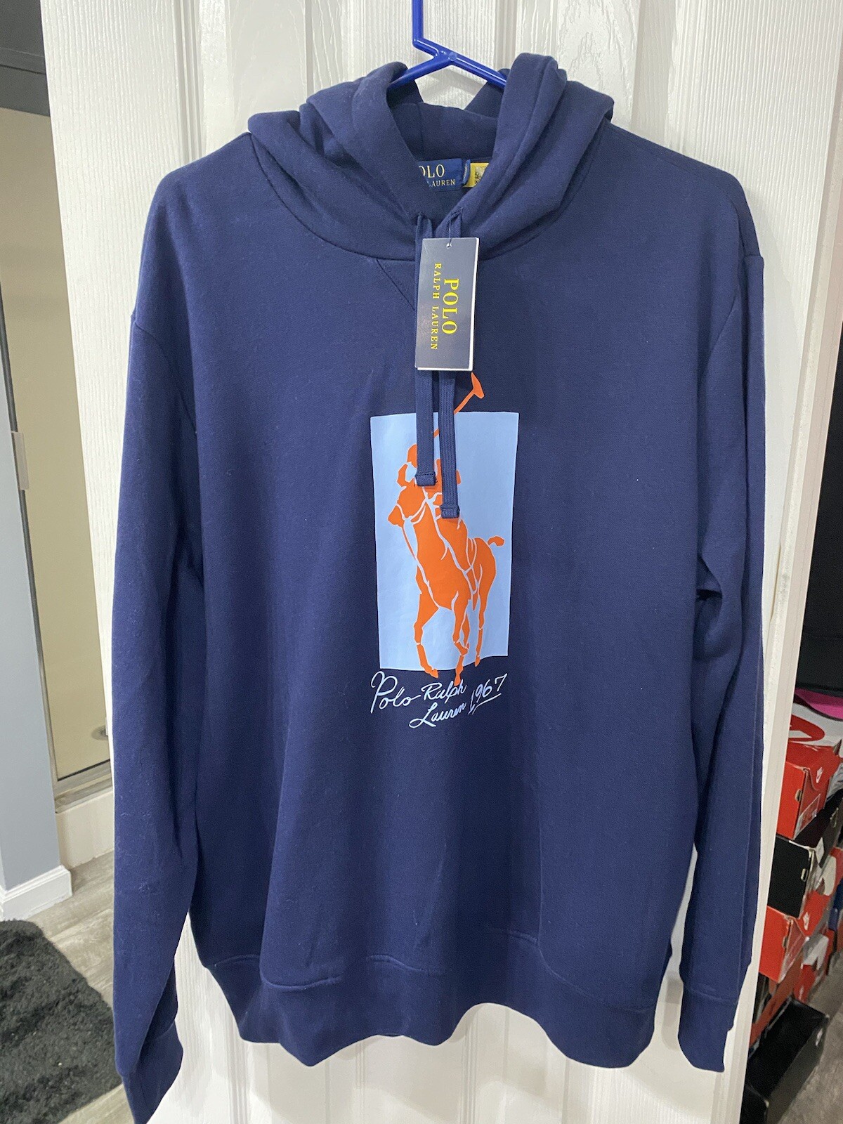 Polo By Ralph Lauren Big Pony Navy E Arancione Felpa con Cappuccio Uomo Xl Nuova con etichette