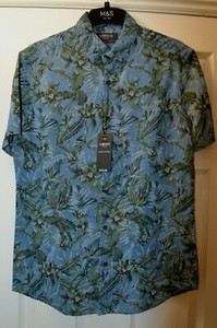 M&S men's short sleeve cotton casual shirt blue print size Small 36