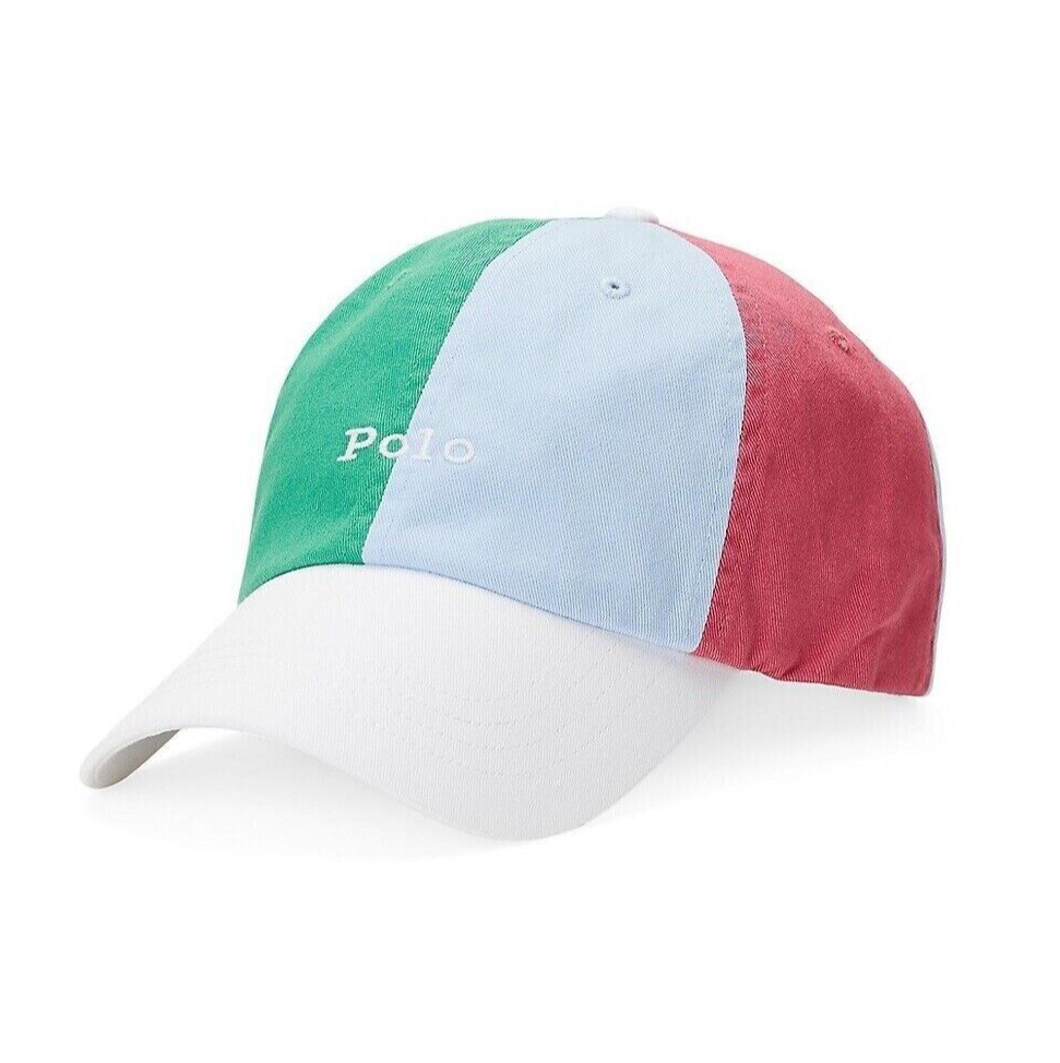 Polo Ralph Lauren berretto da baseball a colori blocco con pony da uomo taglia unica regolabile nuovo con etichette