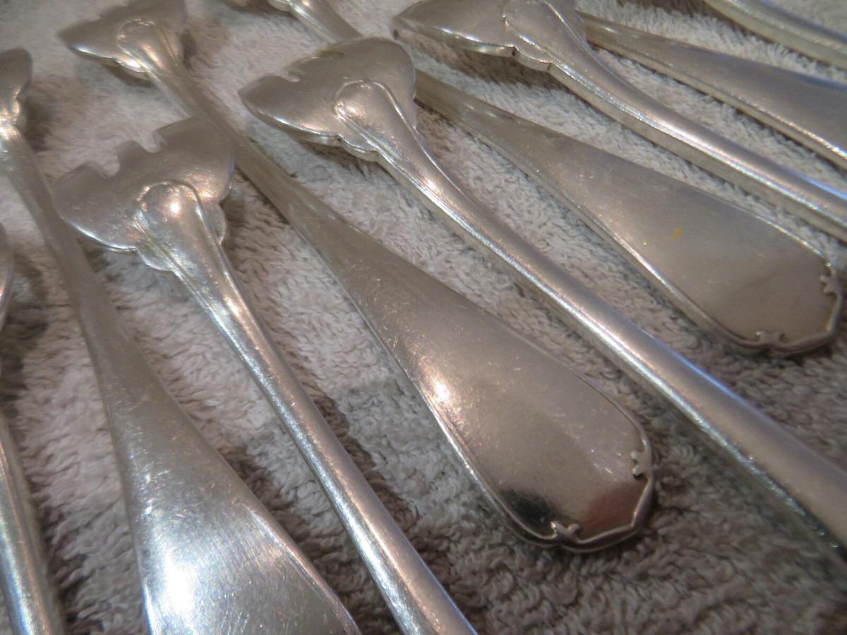 Early 20th c French silver-plated 11 oyster forks Christofle