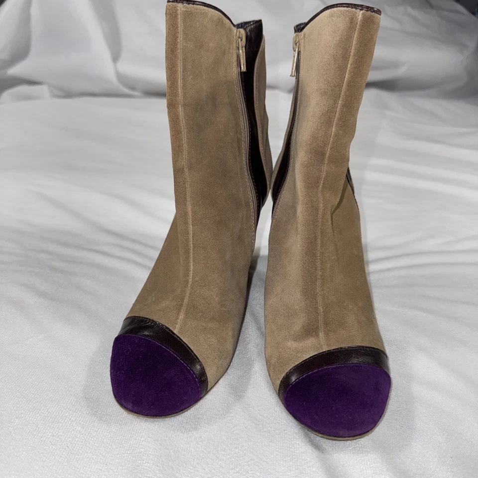 Botines Nannini Diseñador Para Mujer 37IT/6US Gamuza Hechos en Italia Caqui Púrpura Cuña Foto 2 de 4