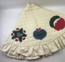Christmas Tree Ivory Quilted Skirt Tree Appliqués W/Ruffle Trim - BELOW:
